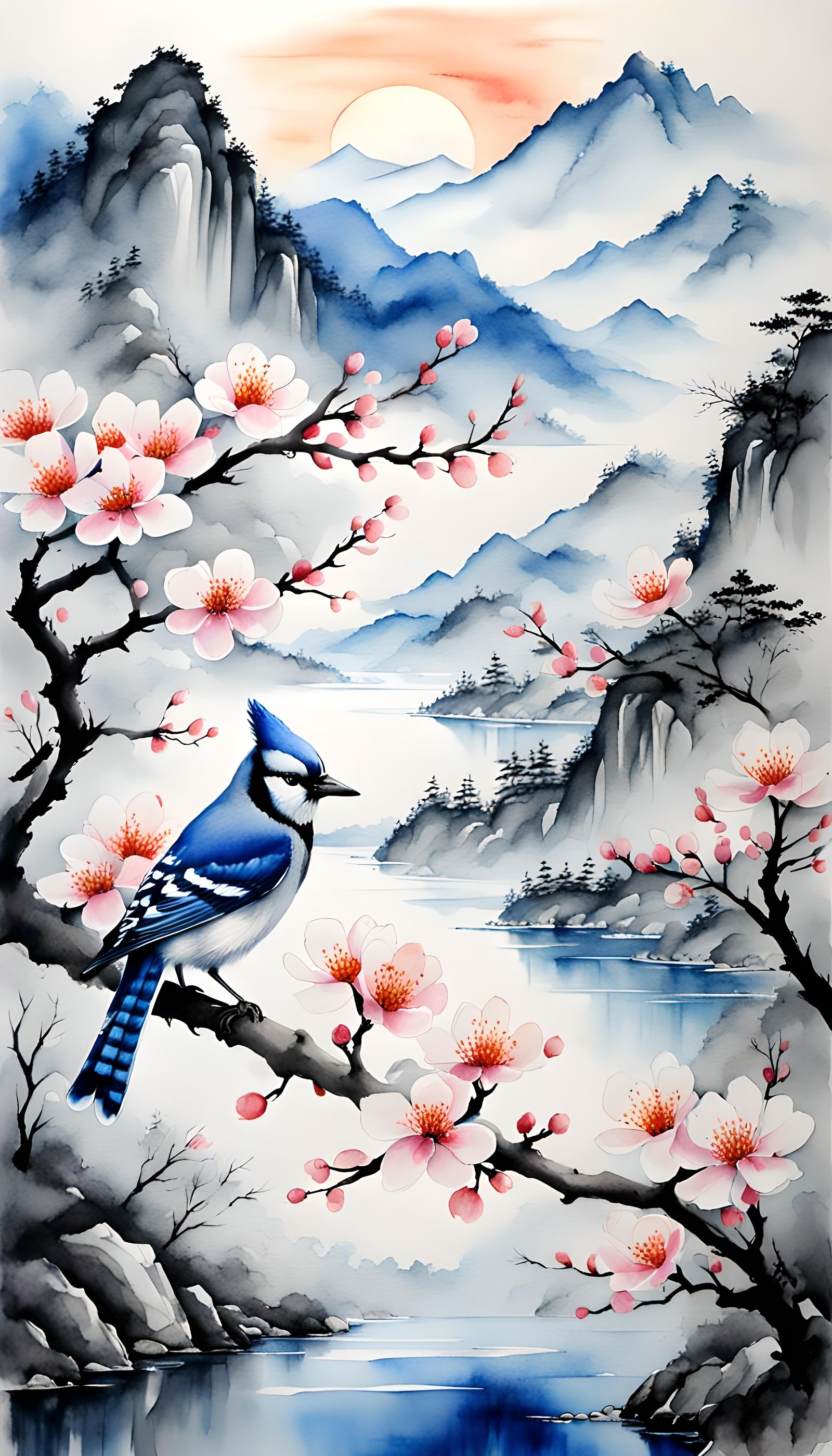 Blue Jay and Cherry Blossoms in Watercolor Style