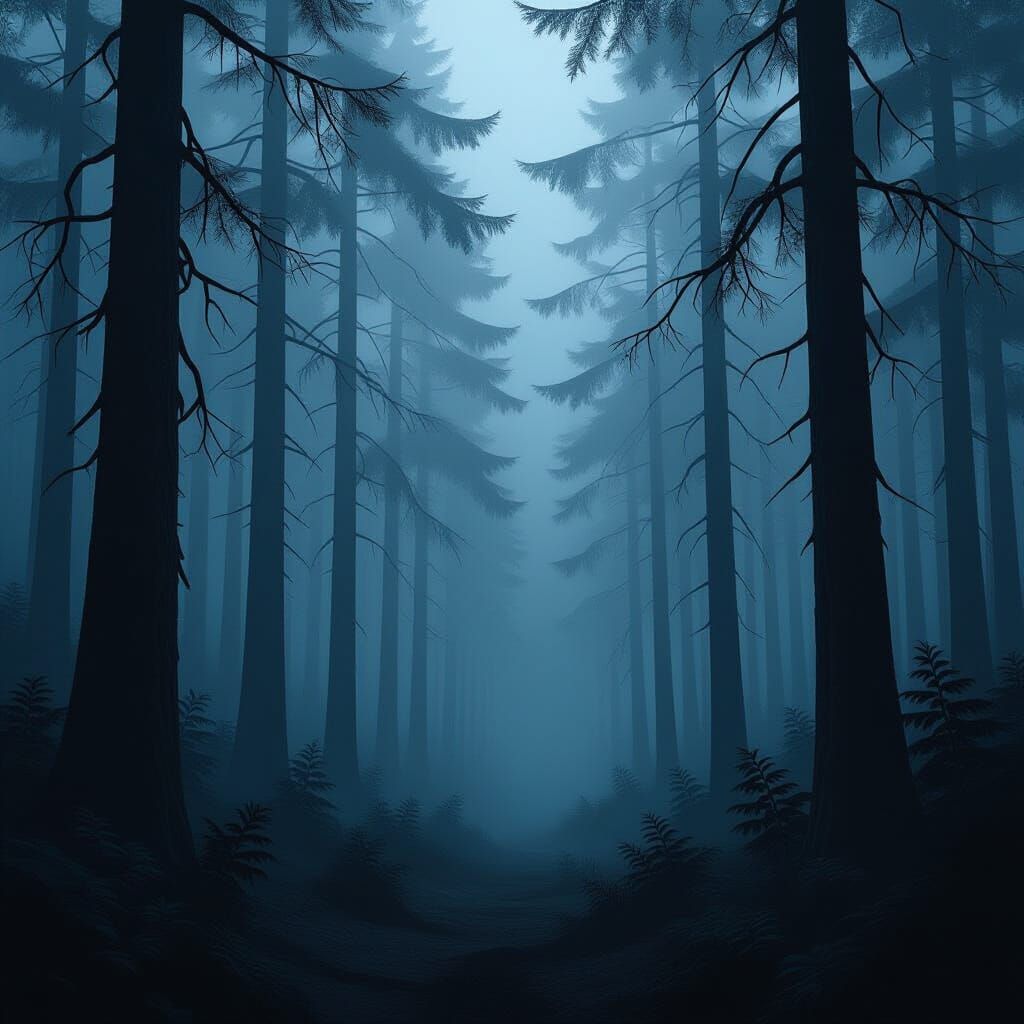 Dark Foggy Forest with Tall Skinny Trees