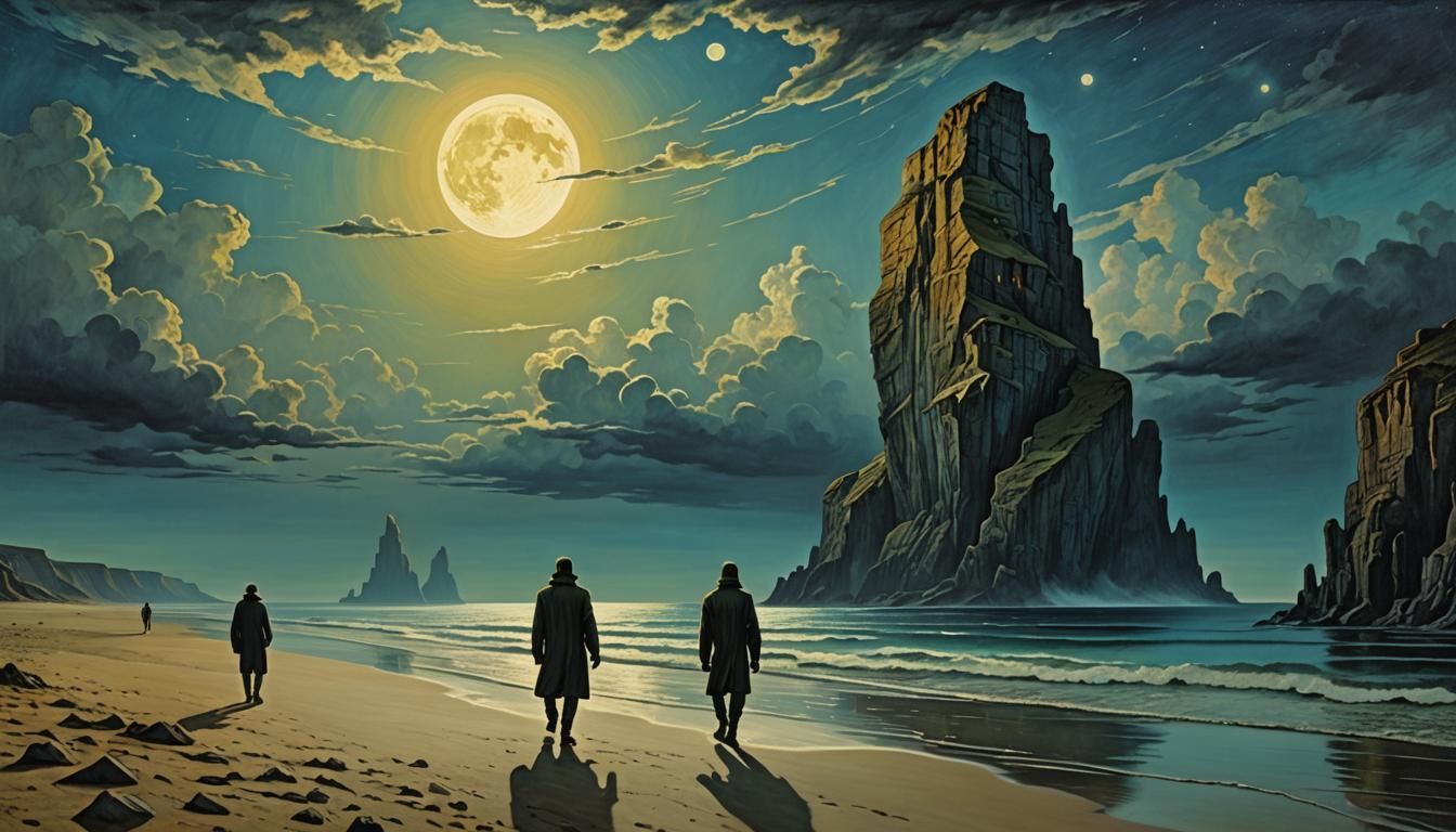 Extraterrestrial Figures on a Beach in Neo-Cubist Style