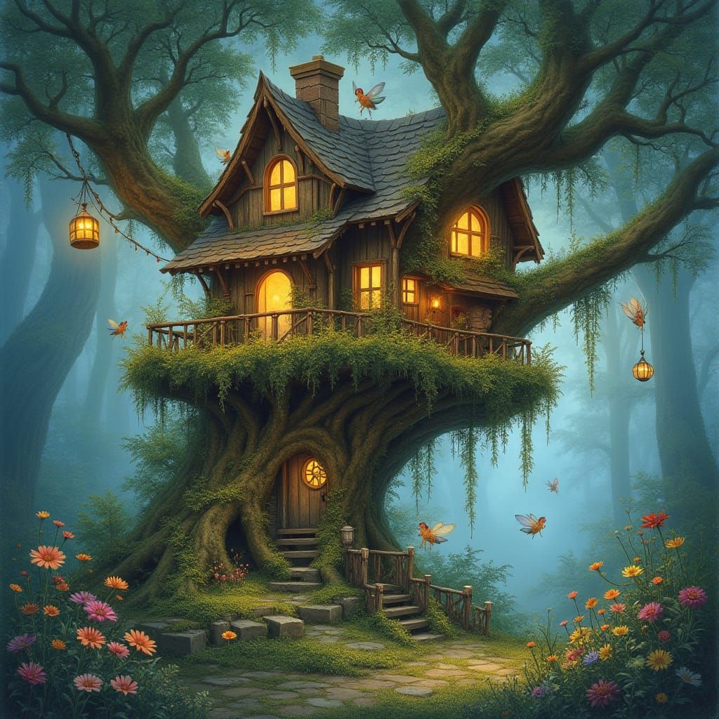 Enchanted Forest Treehouse with Fairies in Watercolor