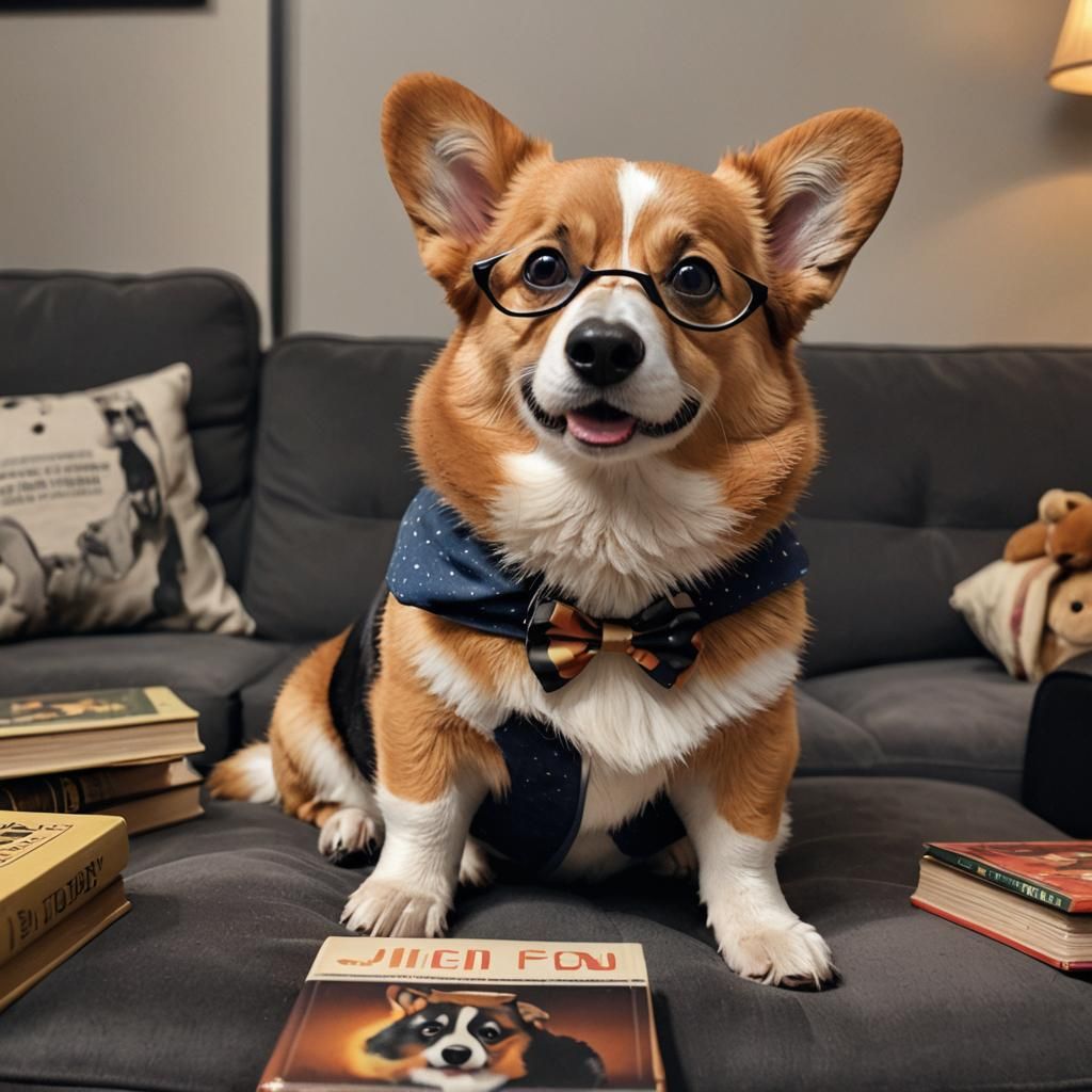Corgi Dog with Glasses on Couch, Fantasy Concept Art