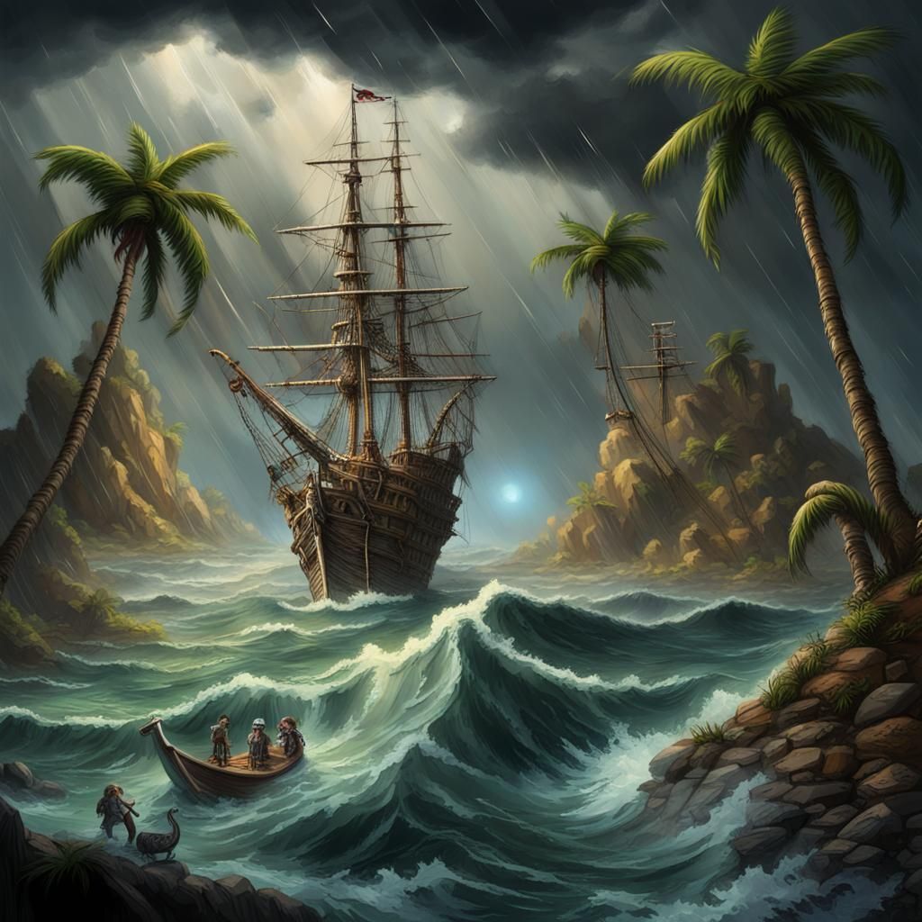 Stormy Pirate Island With Treasure and Ship