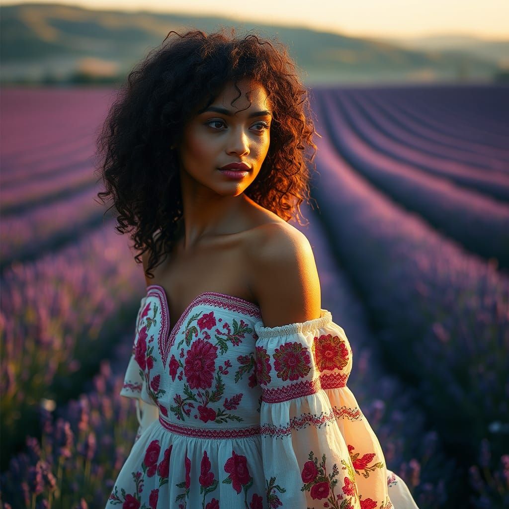 Serene Bohemian Goddess in Lavender Dreamscape