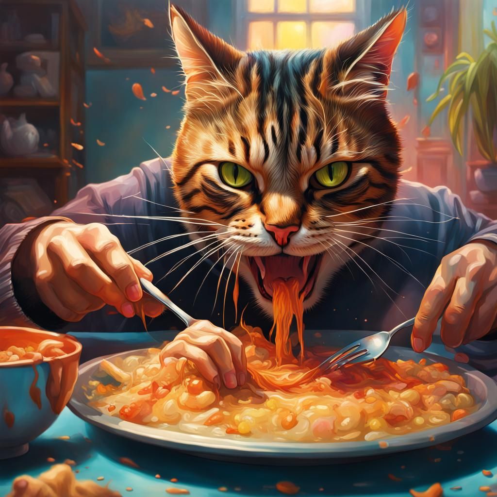 Hyperrealistic Cat Eating People: Splash Art Concept