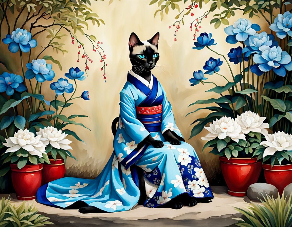 Siamese Cat Geisha in Blue Flowery Dress