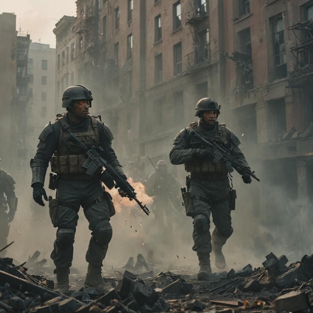 War-Torn Cityscape in Gritty Film Noir Style