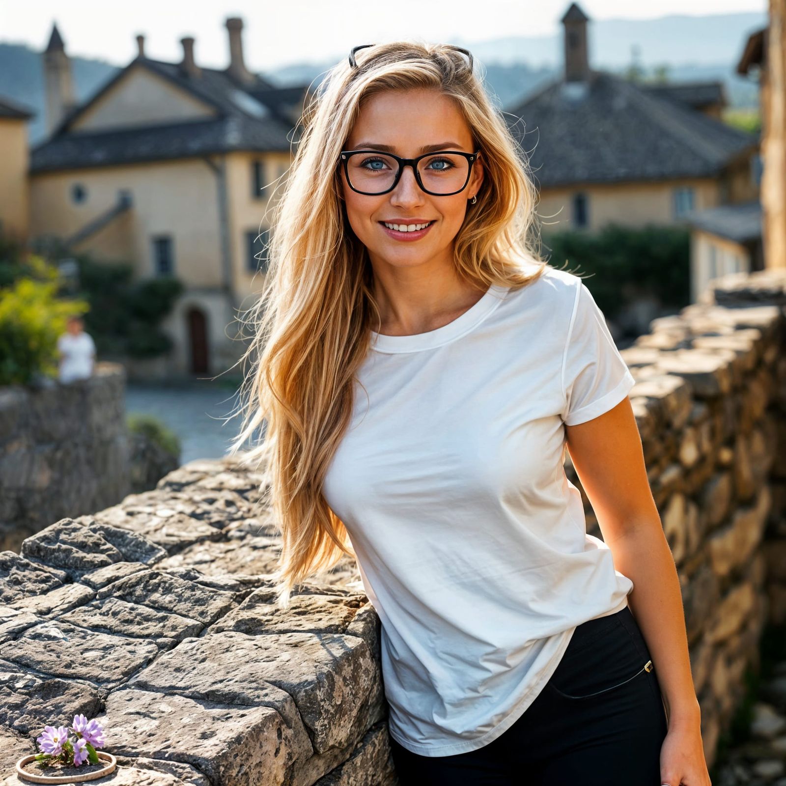 Charming Blonde Woman in Rural Town, Professional Photograph...