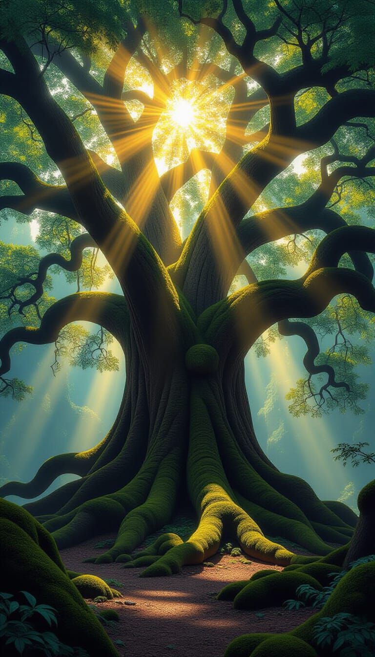 Ancient Forest Cathedral With Golden Light