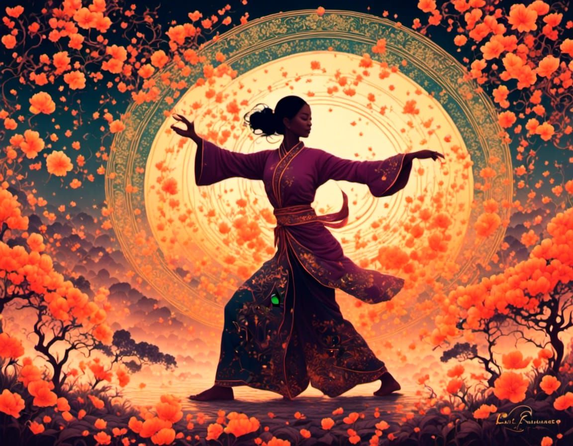 Woman Performs Tai Chi with Golden Accents