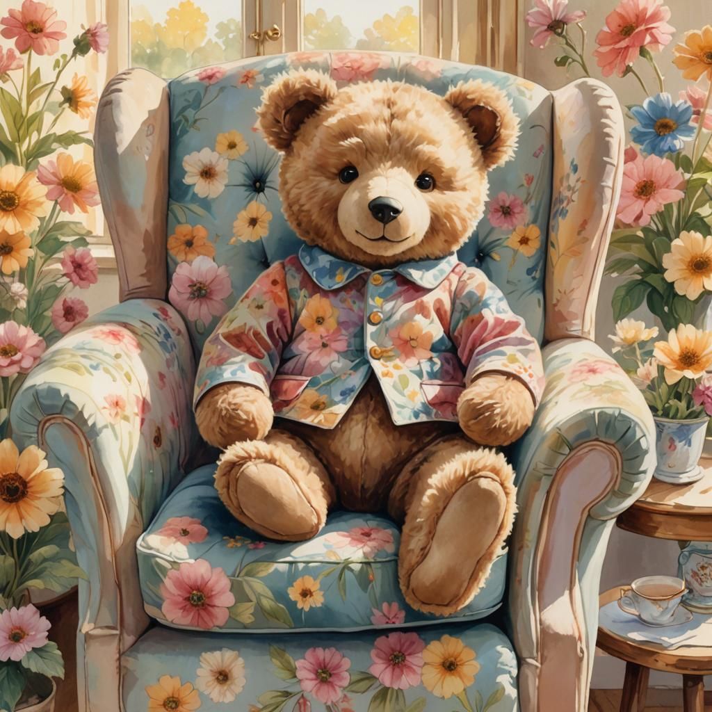 Teddy Bear in Floral Armchair: Beatrix Potter Style