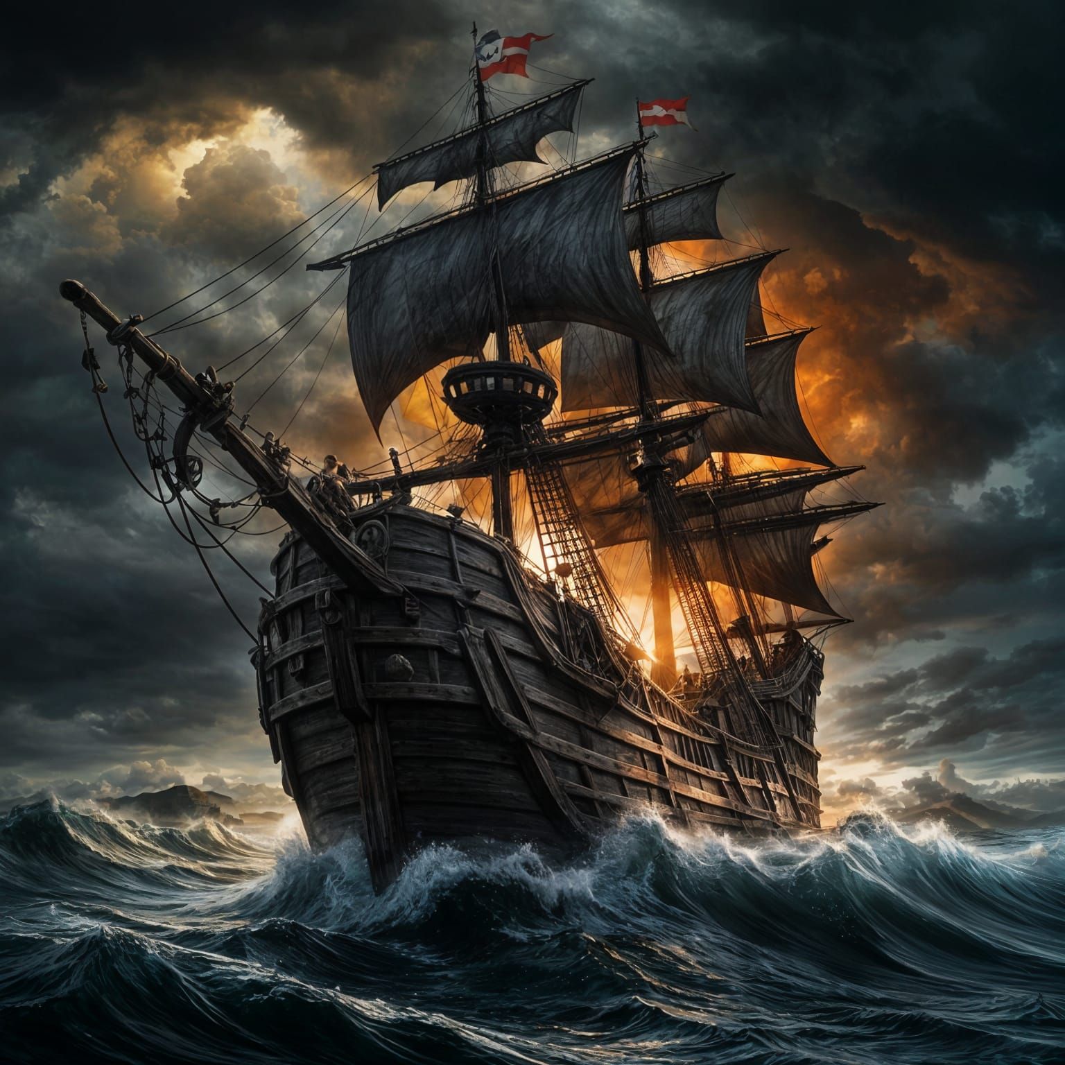 Grand Pirate Ship Sailing on Dark Ocean