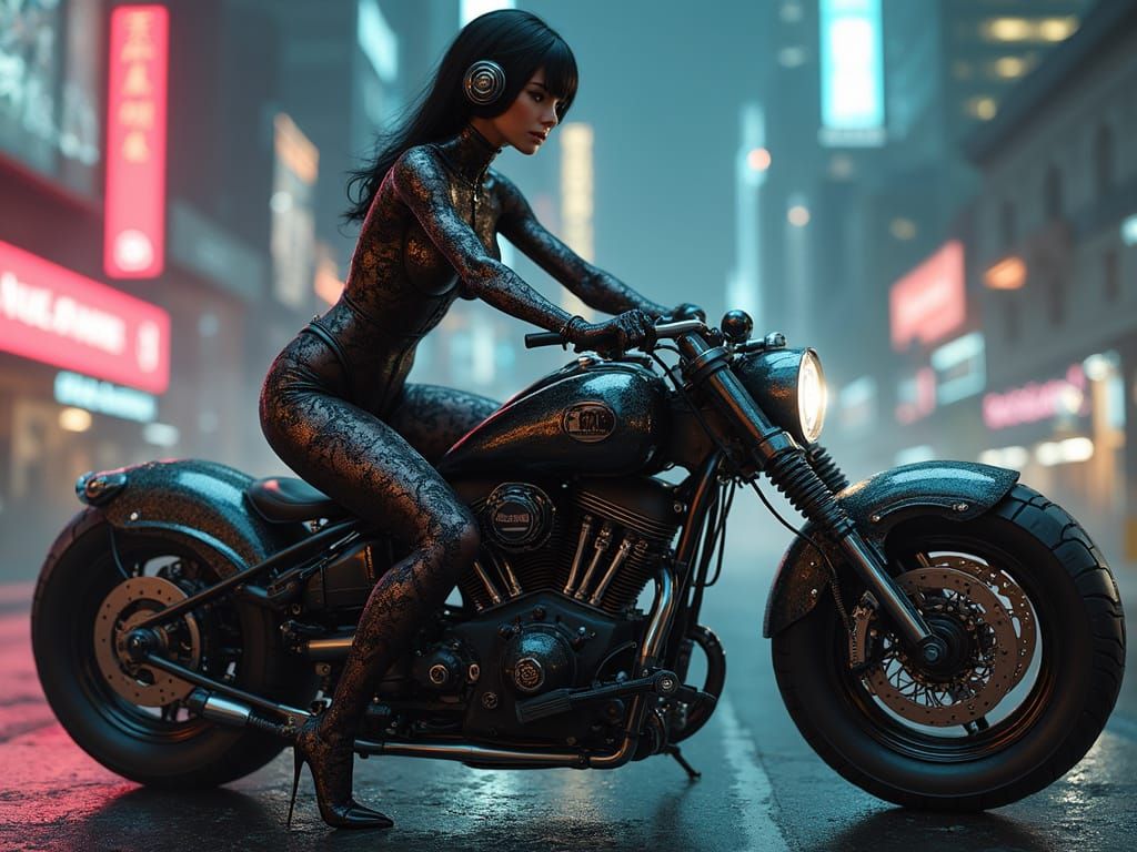 Cyborg Goddess on Futuristic Motorcycle in Neon City