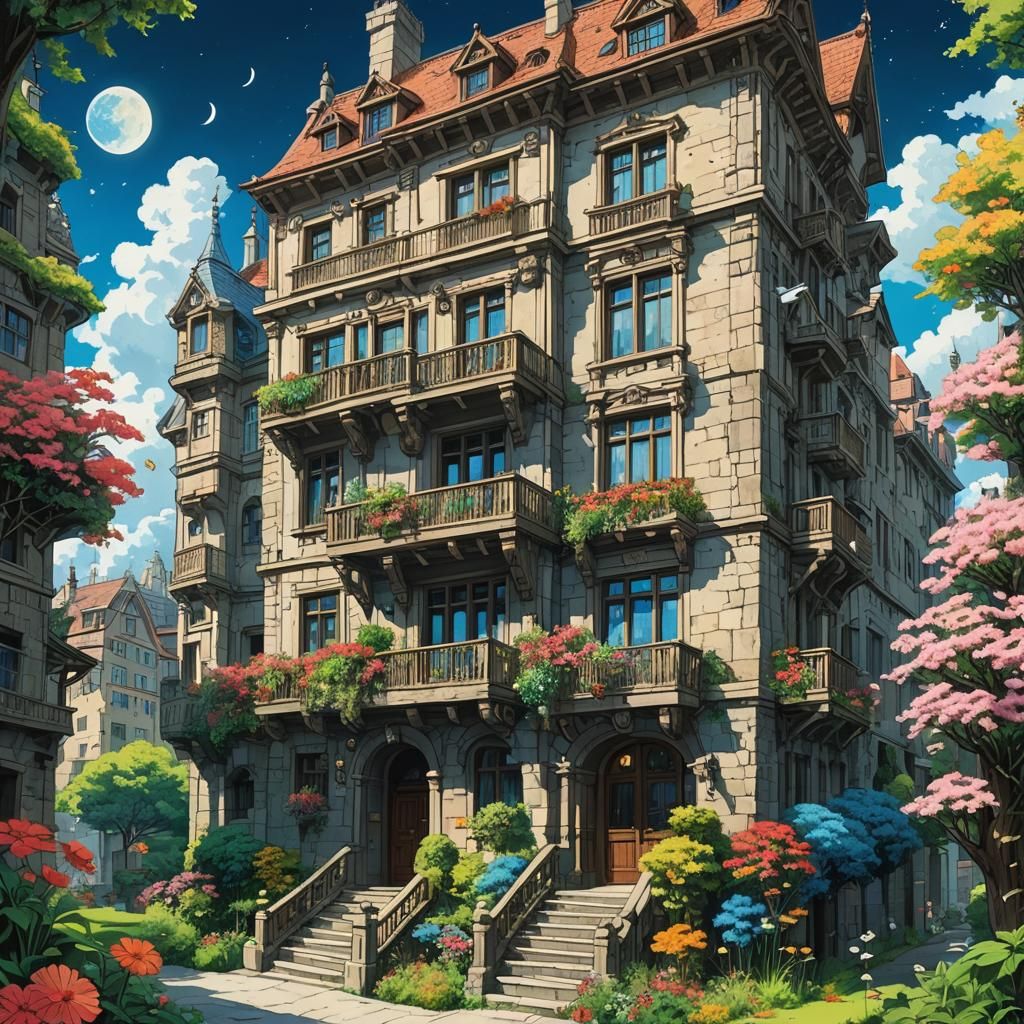 Ghibli-Inspired Apartment Building with Lush Gardens