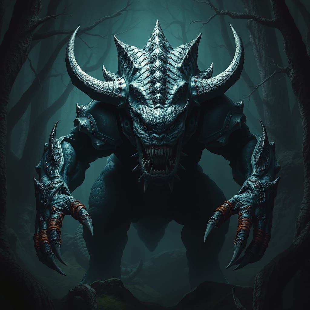 Armored Monster in Mystical Forest, Surrealist Art