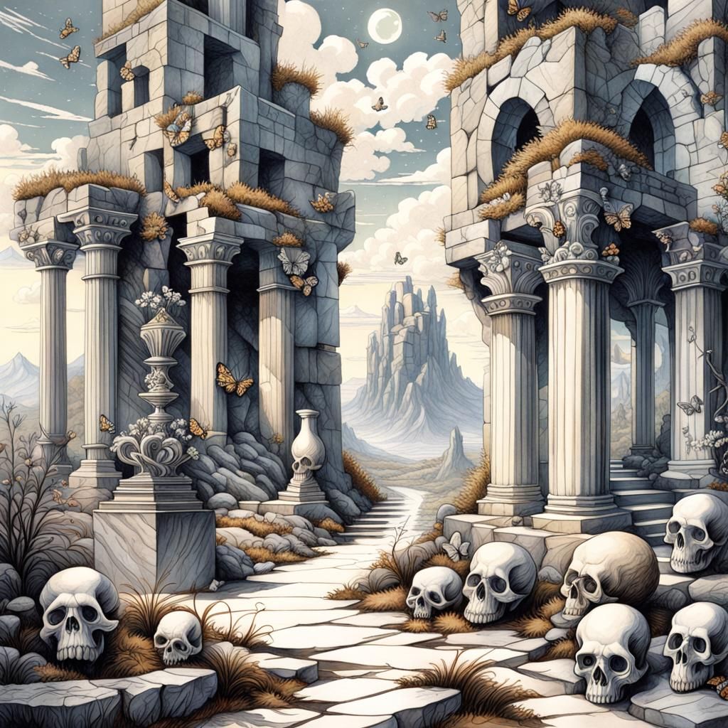 Ruins Landscape in Desaturated Matte Painting Style