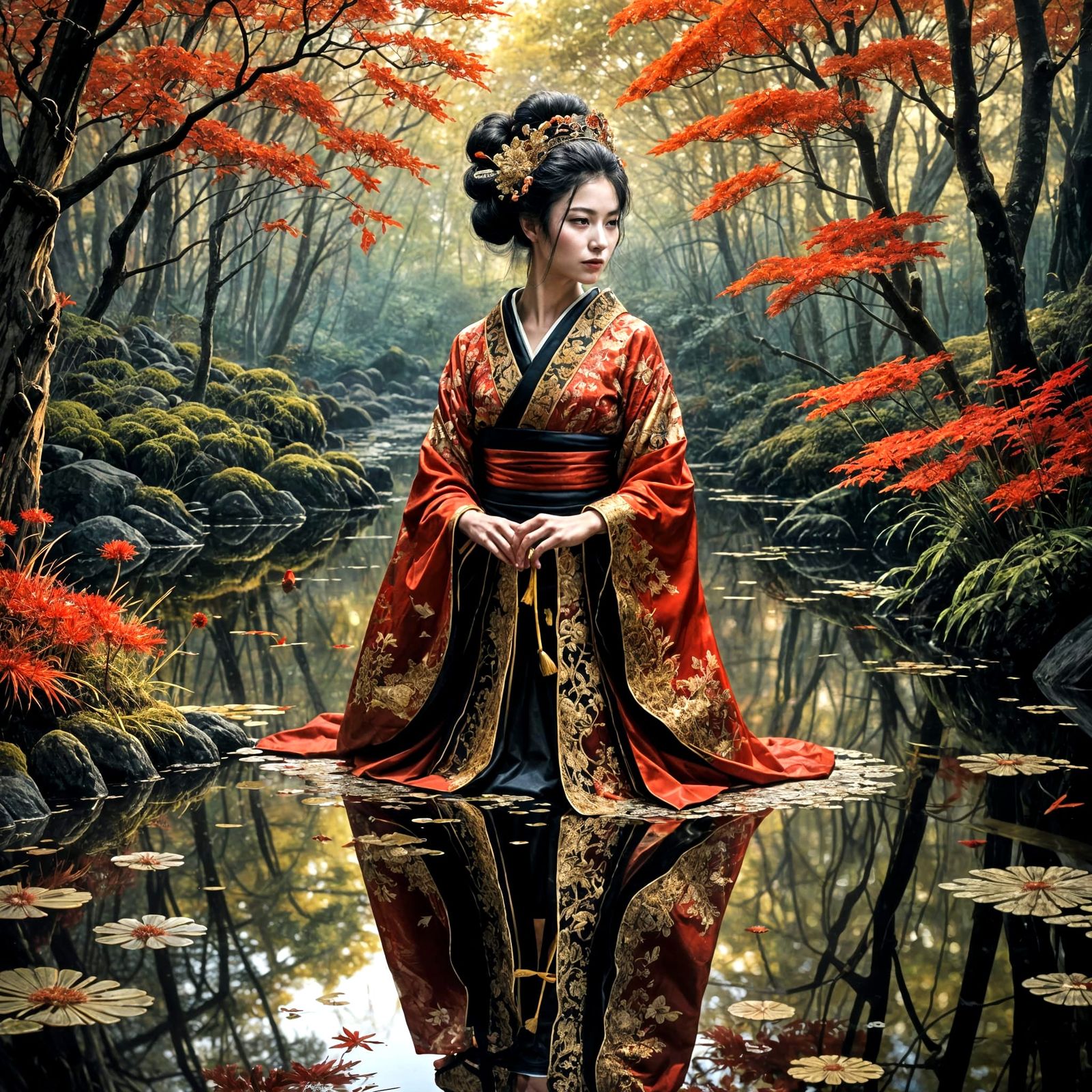 Ornate Geisha with Mirrored Reflection in Dark Fantasy Style