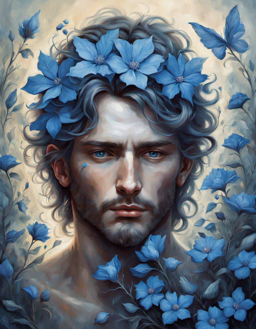 Surreal Portrait: Man with Blooming Wildflower Head Oil Pain...