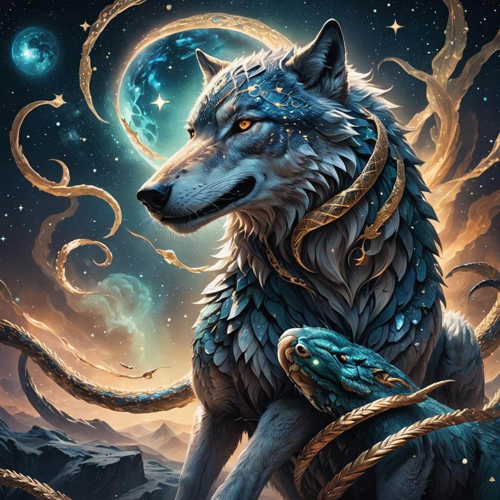 Celestial Wolf and Serpent Fantasy Art