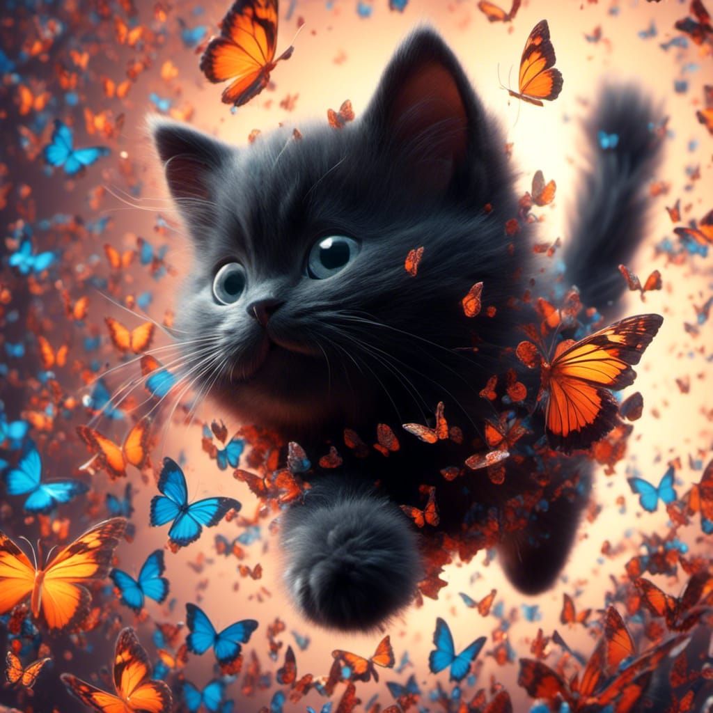 Fluffy Black Kitten Chasing Butterflies in Abstract Style