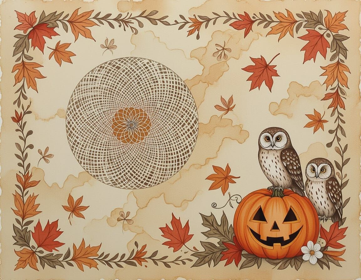 Autumn Scene with Carved Pumpkin and Owls in Warm Hues