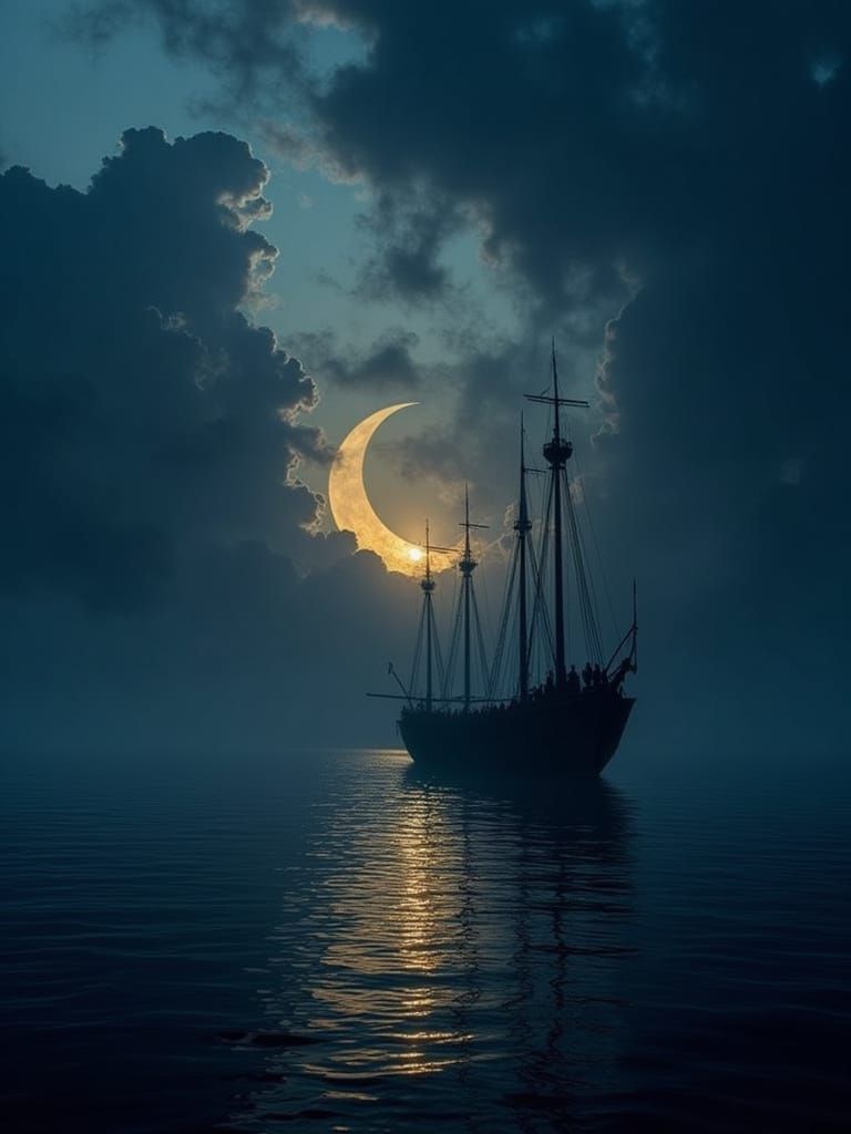 Dramatic Boat on Dark Water in Mystical Style