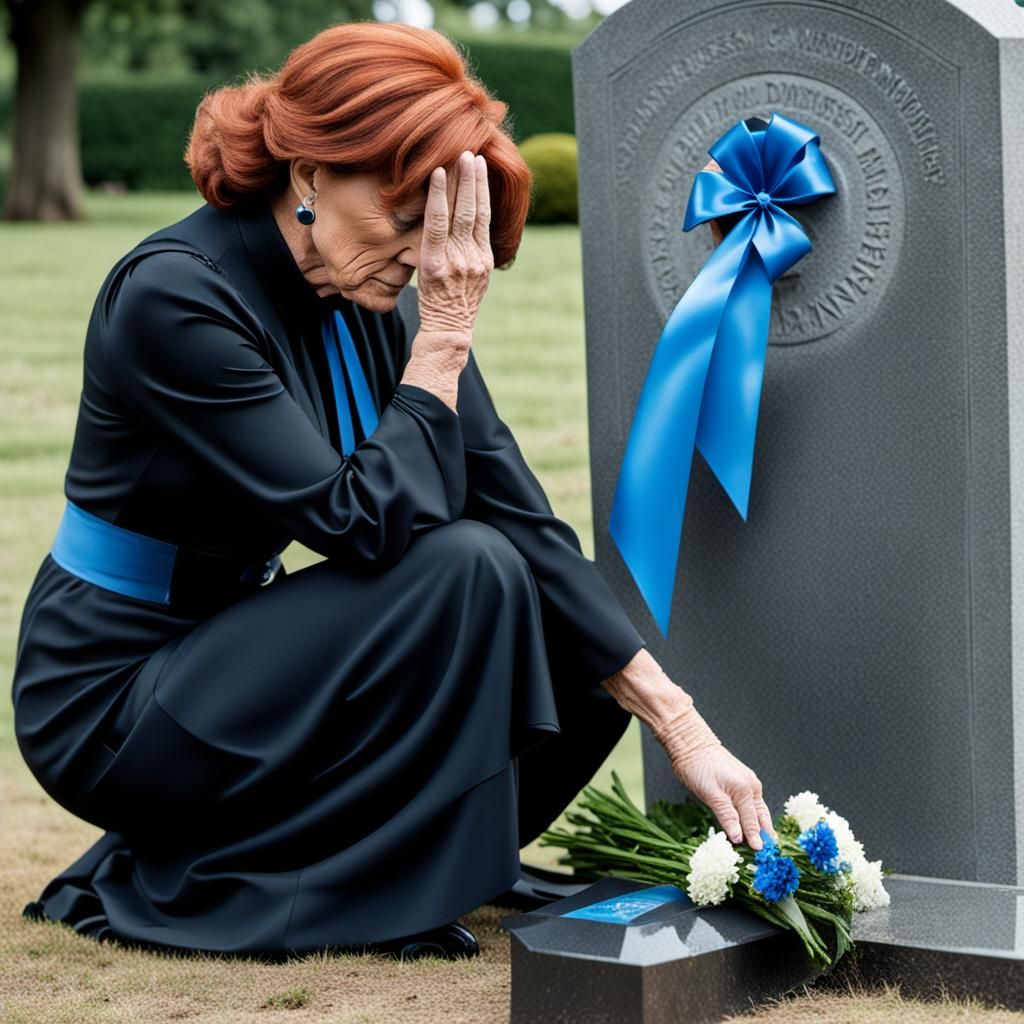 Mourning Woman Kneeling at Gravestone with Blue Ribbon