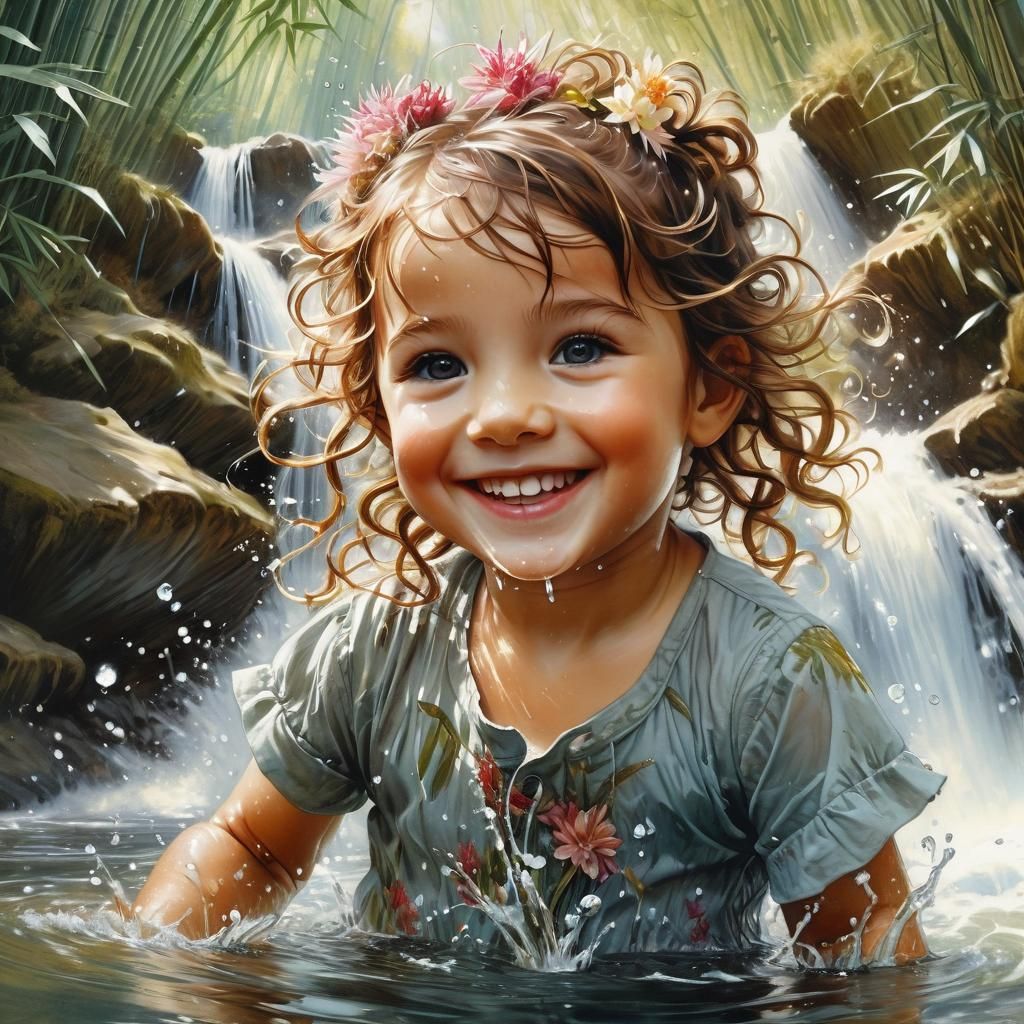Adorable French Toddler Splashing in Waterfall, Anime Style