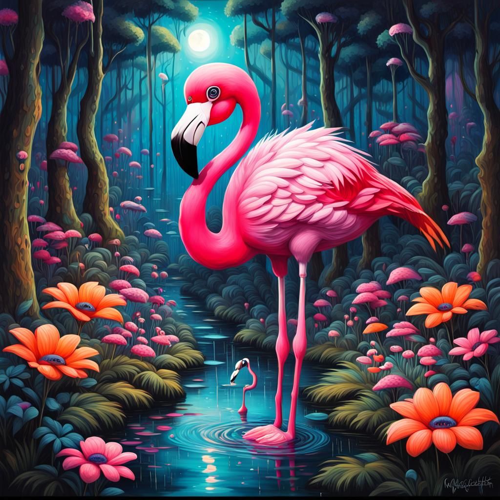 Chibified Flamingo in Glowing Forest, Graffiti Art