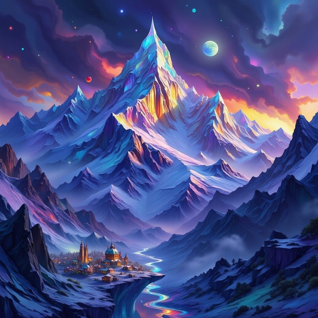 Dark Fantasy Ice Mountain Village with Ethereal Lighting