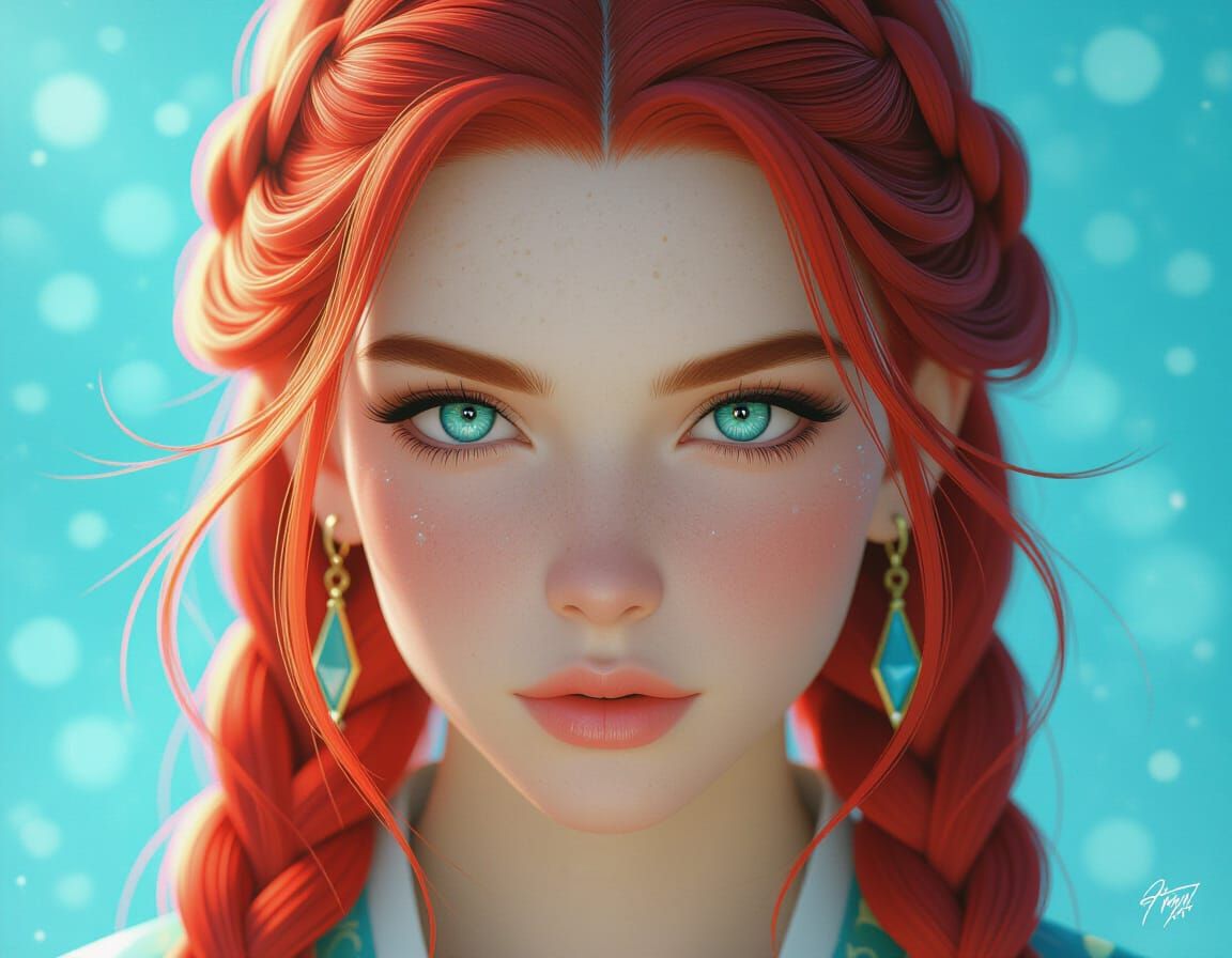 Redhead Woman with Icy Blue Eyes and Turquoise Braids