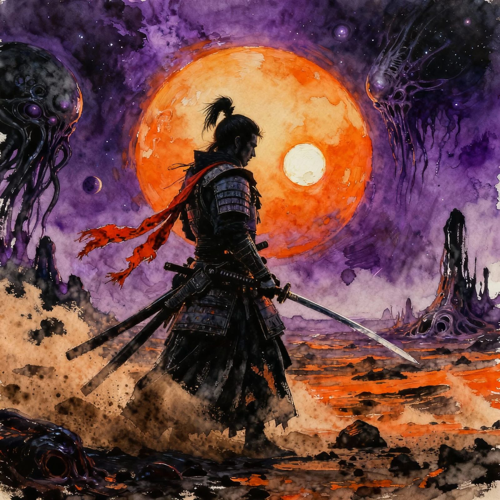 Samurai Warrior Against Alien Sunset in Gouache Style