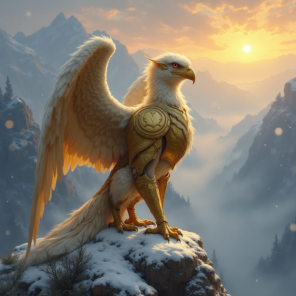Golden Griffin on Snow Mountain in Oil Painting Style