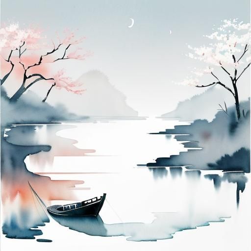 Lunar New Year River Scene in Watercolor Style