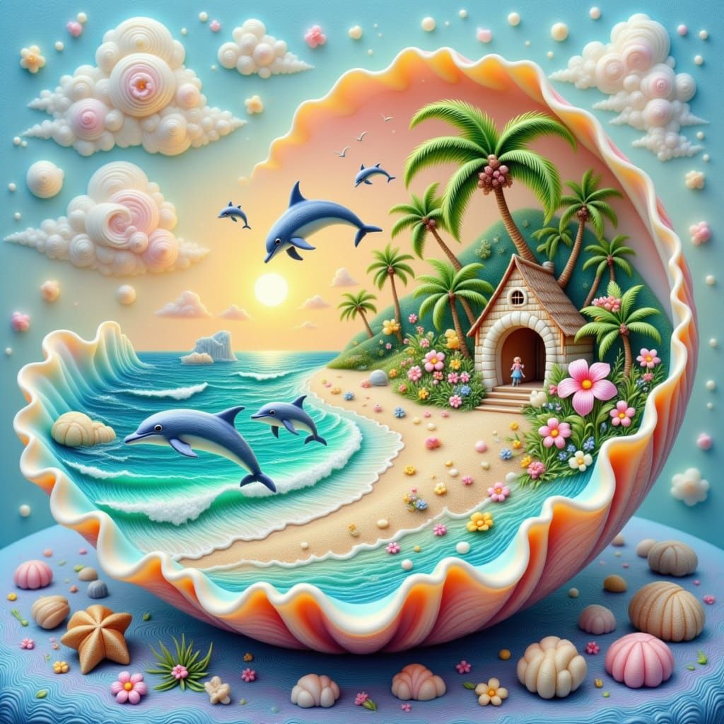 Seashell Island Paradise in Pastel Art Style