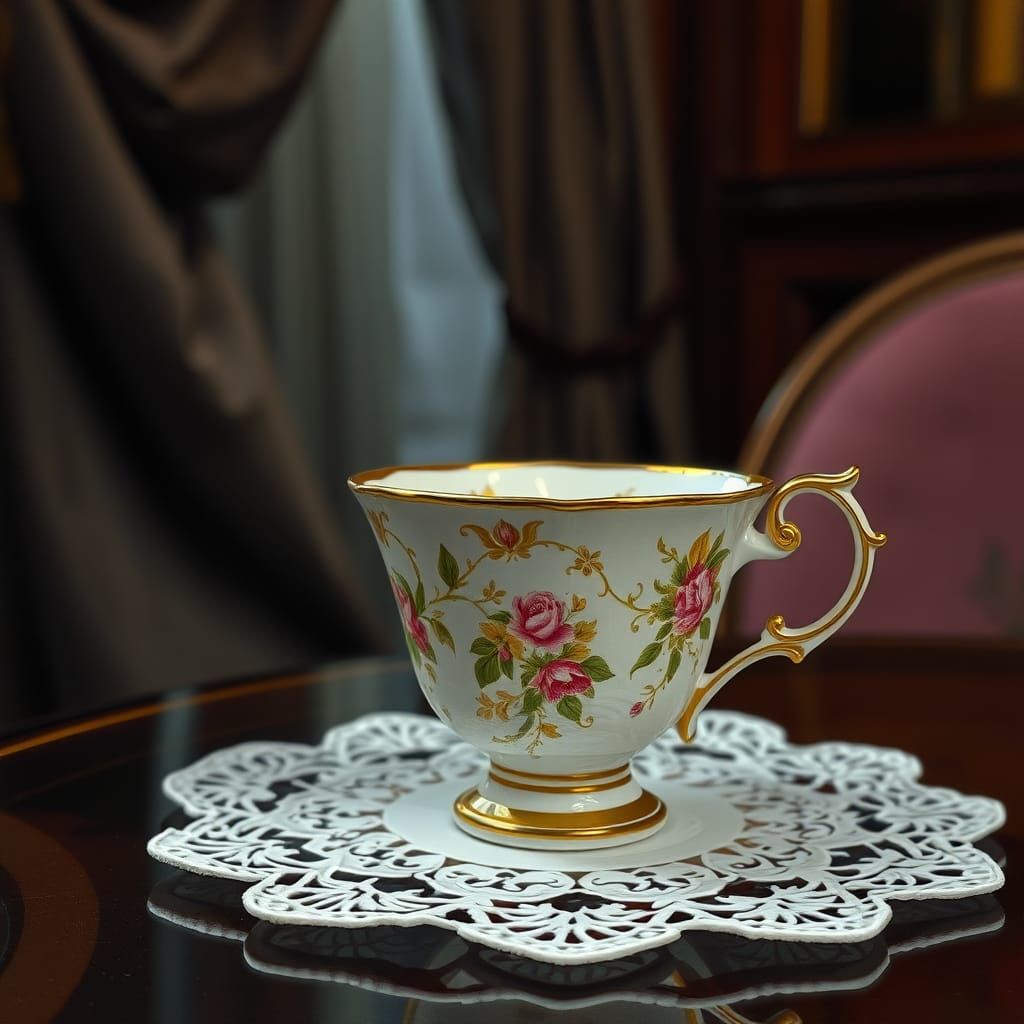Ornate Teacup in Cubist Interior Scene