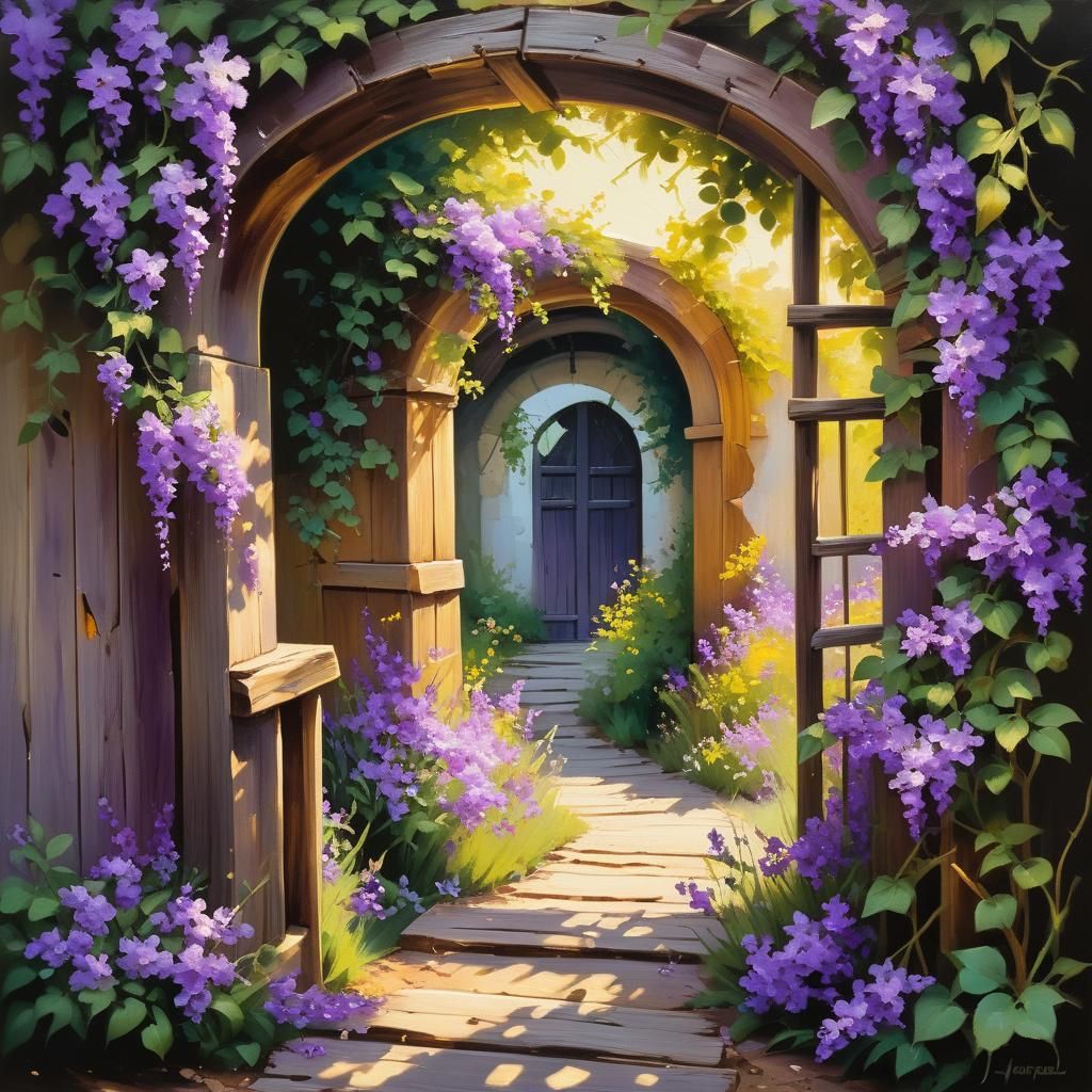 Purple Flowers on Wooden Archway: Impasto Oil Painting