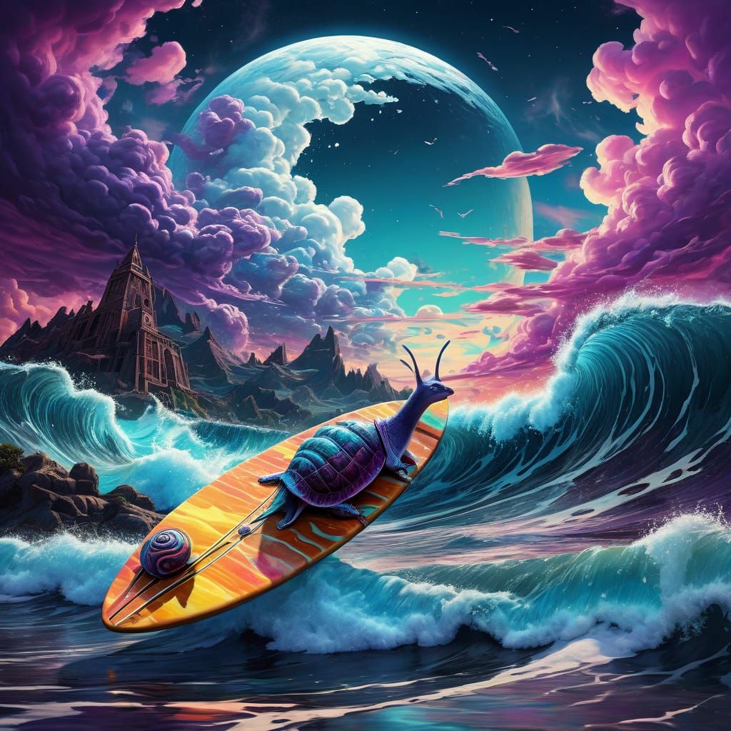 Psychedelic Cosmic Surfing Scene in Vibrant Colors
