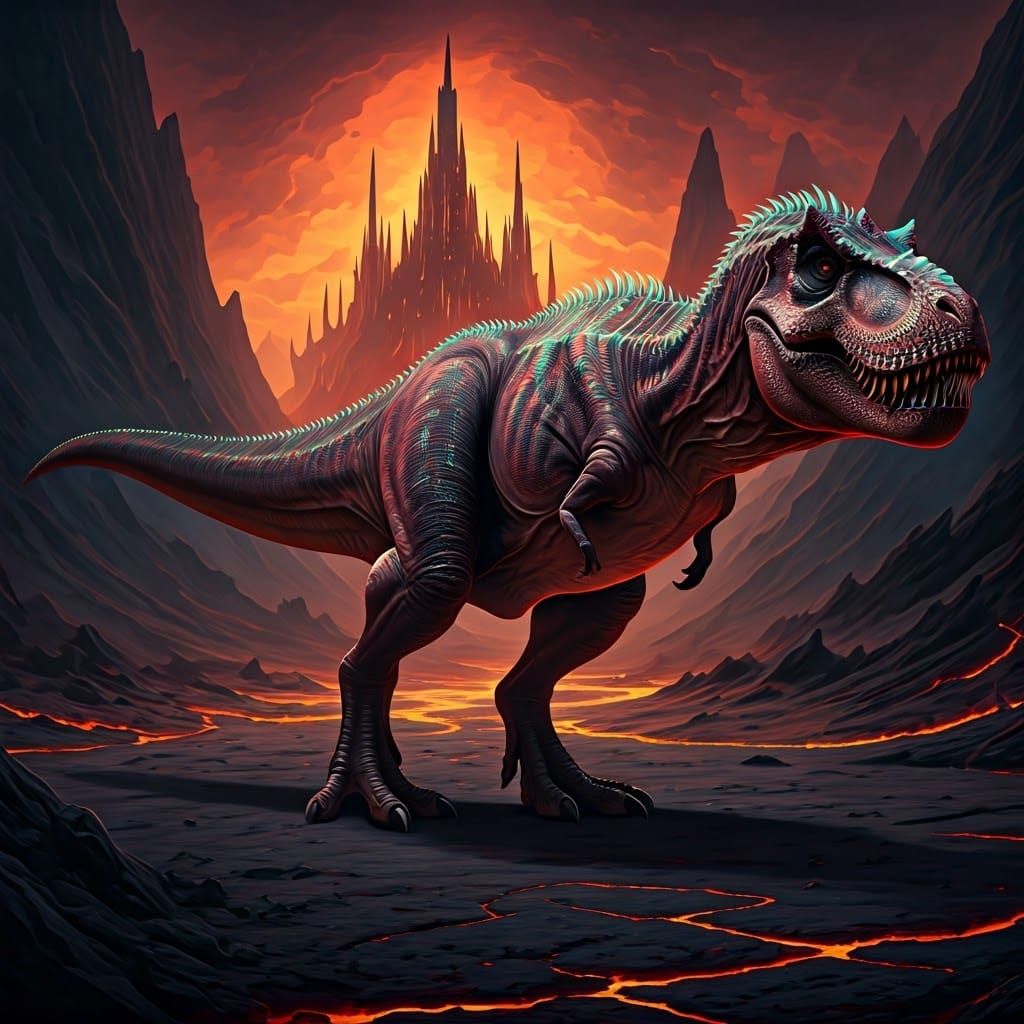 Opal-Skinned T-Rex in Mordor Landscape