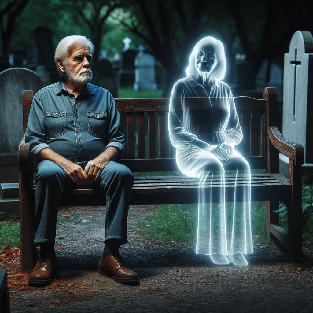 Elderly Man and Ghostly Wife in Graveyard