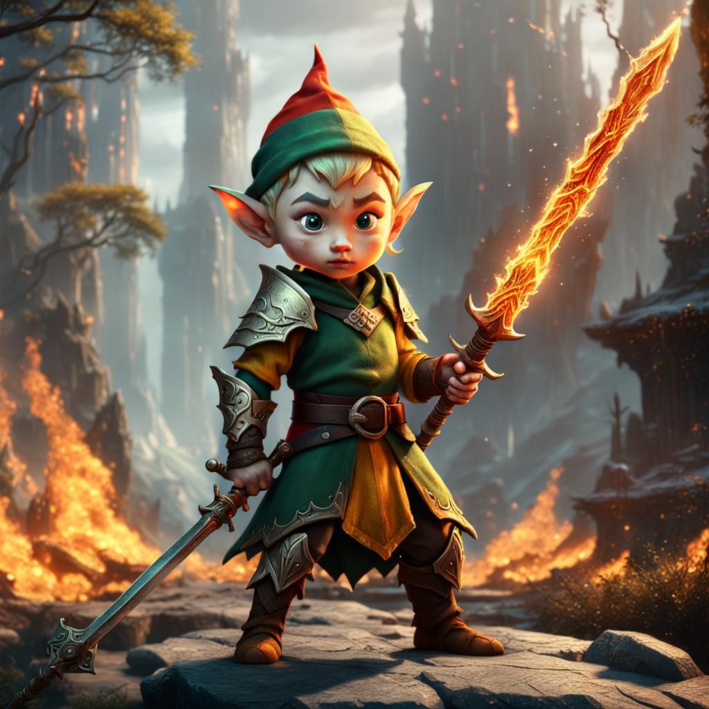 Baby Elf Warrior with Fire Sword on Warfront