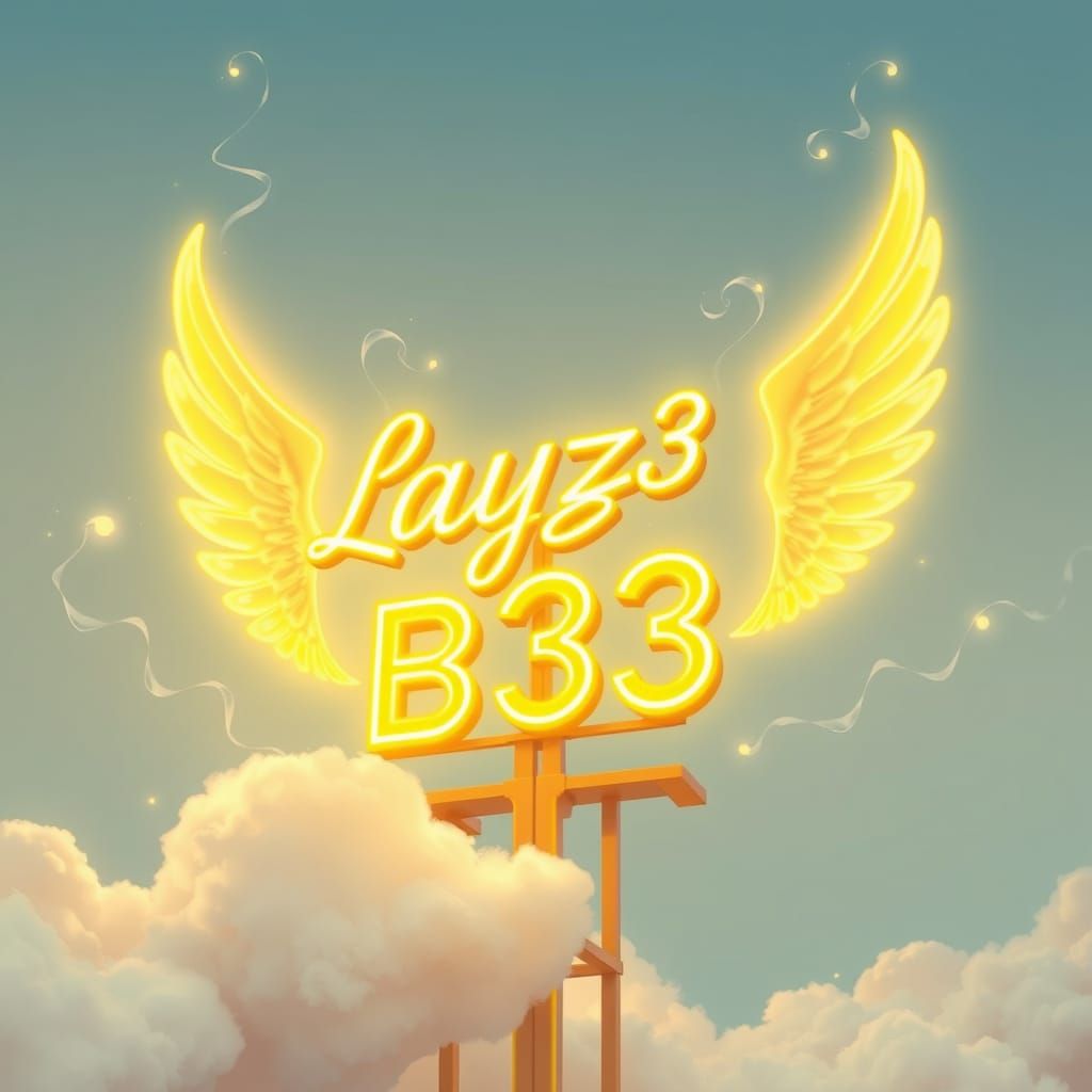 Retro-Futuristic Neon Sign with Angel Wings and Clouds