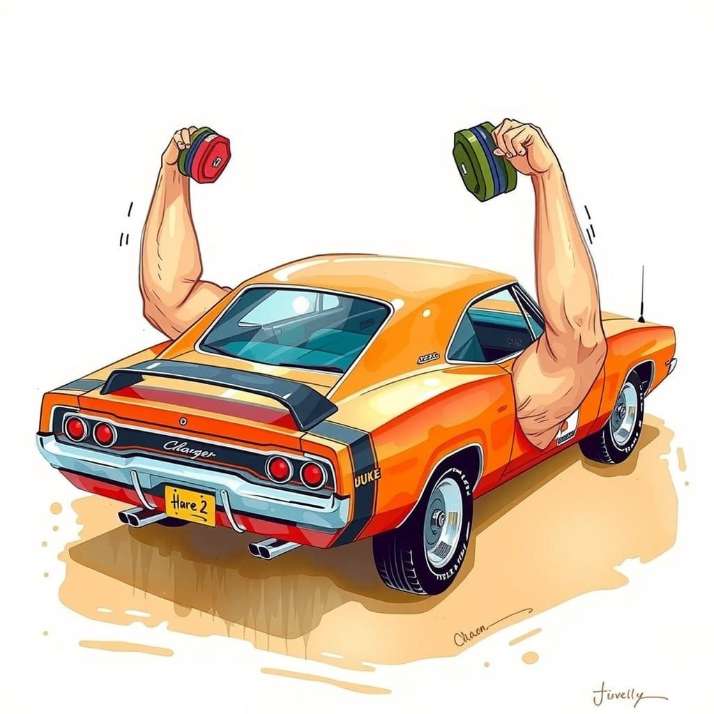 Anthropomorphic Dodge Charger Lifts Weights in Gym