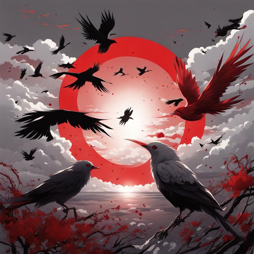 Dreamscape with Birds and Blood Red Sun in Anime Style