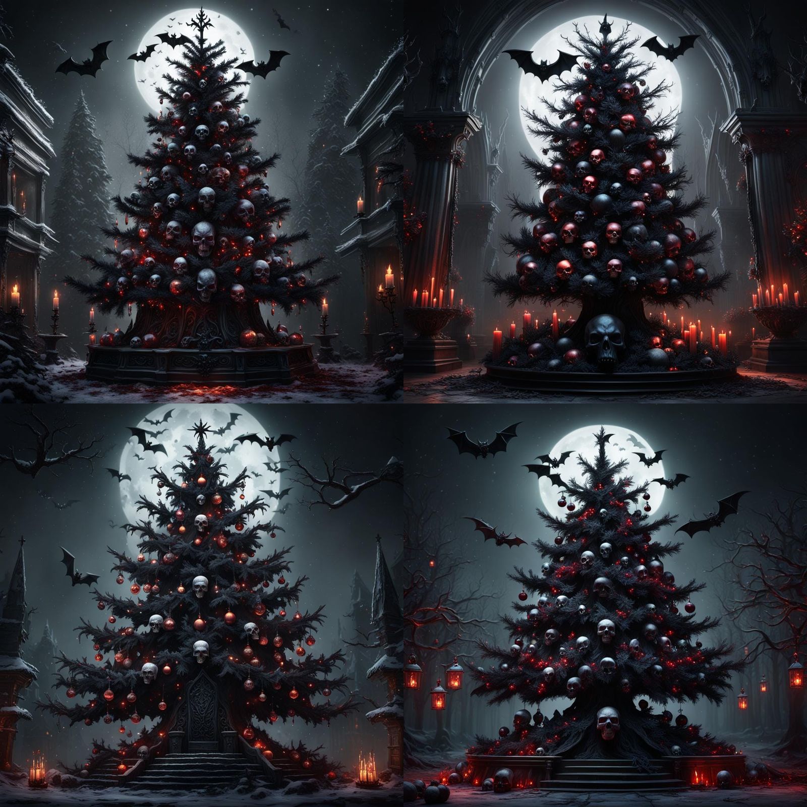 Gothic Christmas Tree with Skulls and Bat