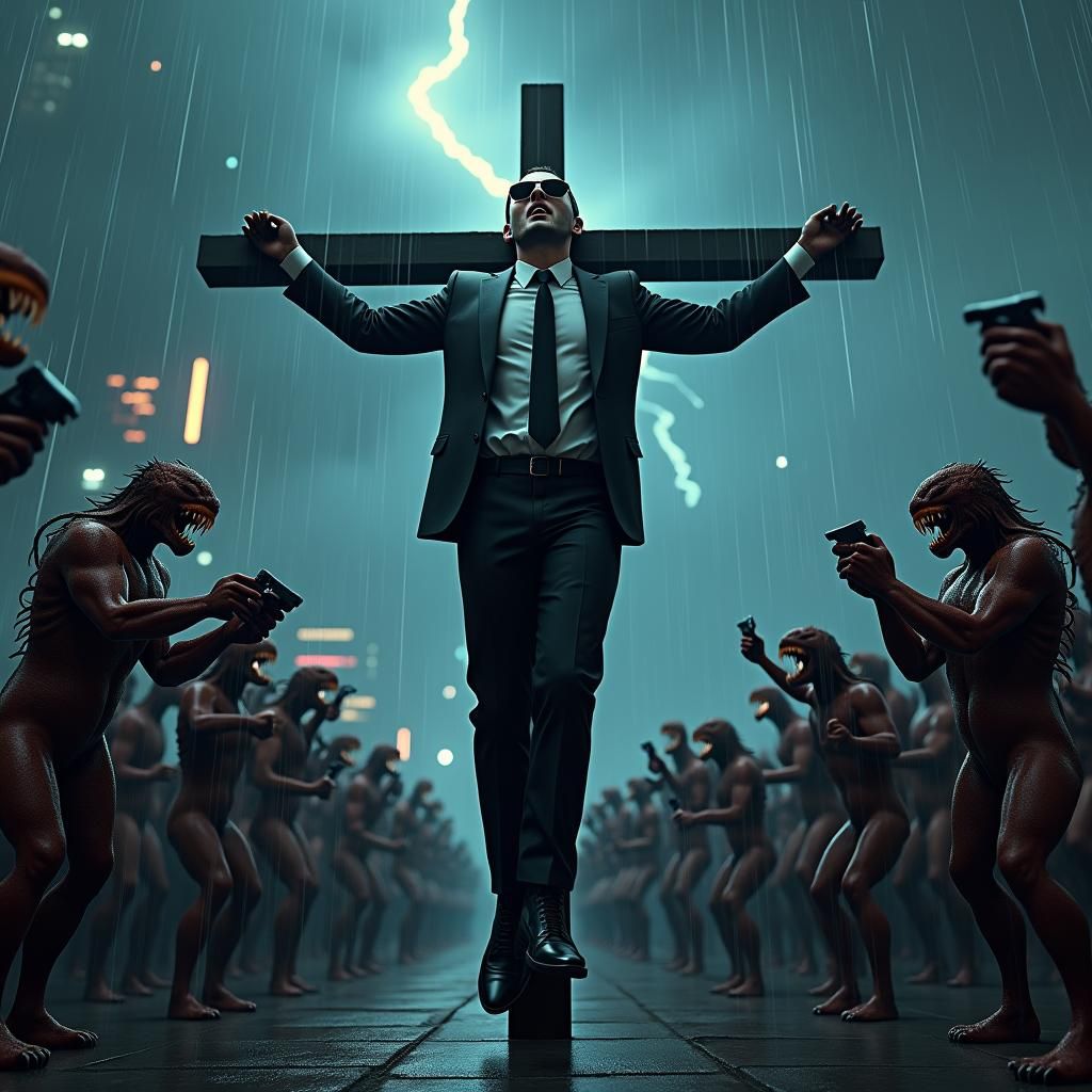 Crucified CEO in Cyberpunk Game Art Style
