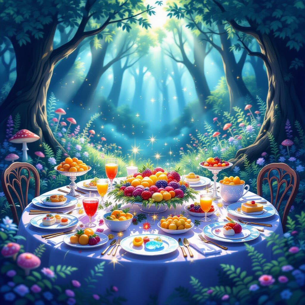 Enchanted Forest Feast with Shimmering Magical Food