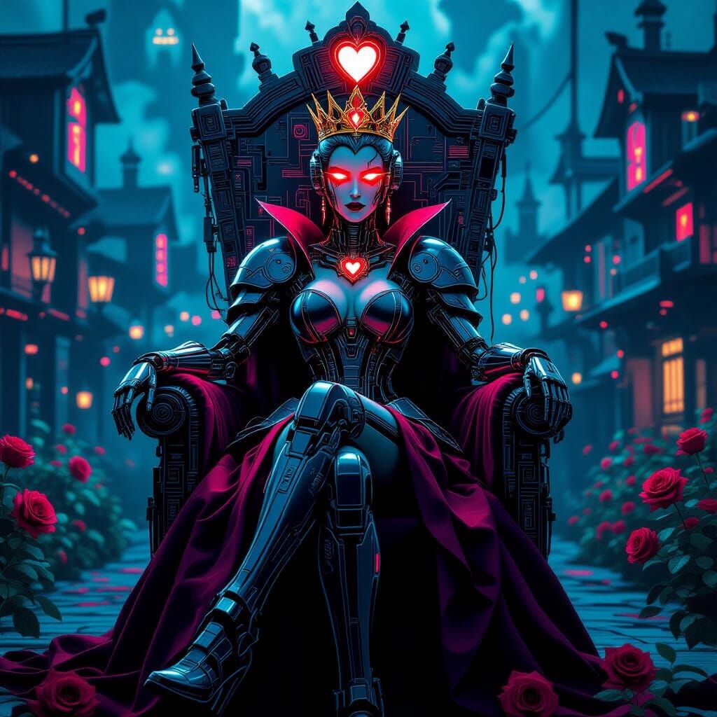 Cyborg Queen of Hearts on Circuit Board Throne