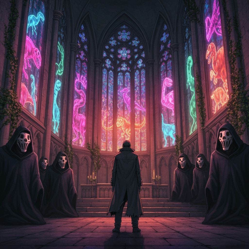 Gothic Cathedral with Jurassic Neon Displays