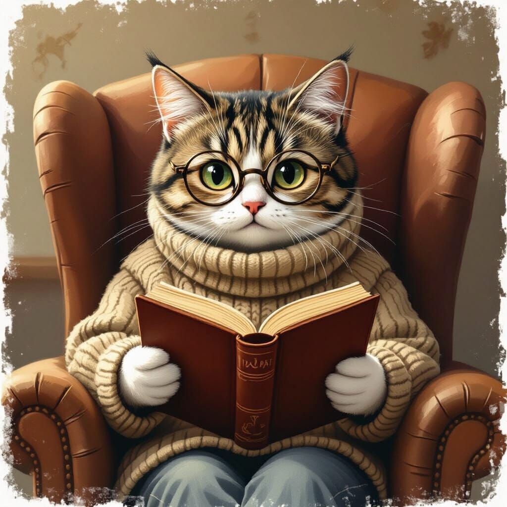 Bespectacled Cat Reads Book in Cozy Armchair