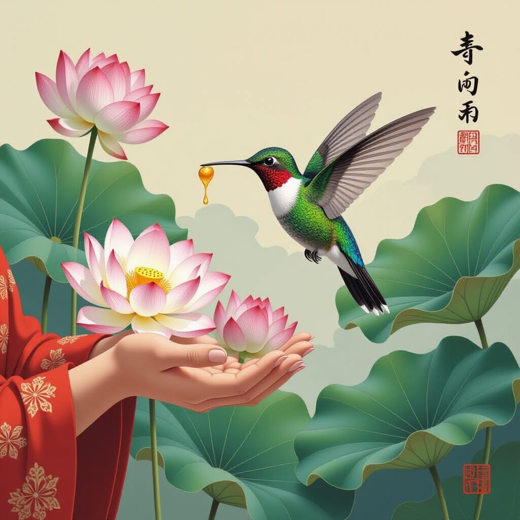Hummingbird in Japanese Attire with Lotus Flowers